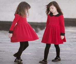 Big girls red pleated dresses kids contrast color doll collar long sleeve dress christmas children princess clothing Q22887937069