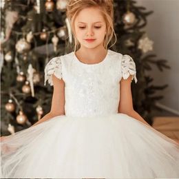 Flower Girl Dress White Satin Lace Tulle Bow Wedding Simple Child First Eucharist Birthday Party Gift 240306