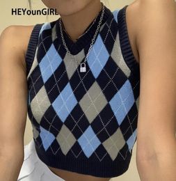 V Neck Vintage Argyle Sweater Vest Women Y2K Black Sleeveless Plaid Knitted Crop Sweaters Casual Autumn Preppy Style4995657