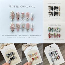 Handmade Long Coffin Press on Nails Glitter Reusable False Nails Suqare Artifical Acrylic Full Cover Nail Tips For girl XS S M L