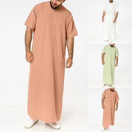 Men'S Casual Shirts Men Muslim Kaftan Short Sleeve Solid O Neck Jubba Thobe Abaya Middle East Dubai S Arabia Islamic Mens Drop Delive Dh7Rp