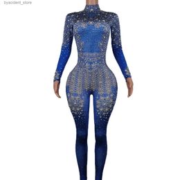 Urban Sexy Dresses Sparkle Blue Rhinestones Jumpsuit Woman Stretch Leggings Singer Come Birthday Party Club Stage Outfit Spandex Yatelandisi L240309