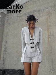 Casual Striped Womens Shorts Set VNeck LongSleeve Cutout Top ALine HighWaist Spring Summer Fashion Lady Outfit 240309