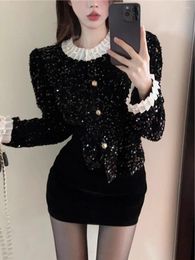 Women's Blouses Blusas Mujer De Moda 2024 Verano Black Heavy Industry Sequin Velvet Shirt Vintage Blouse Women Lace Tops Slim Chemise Femme