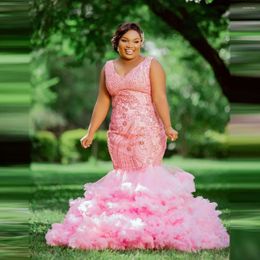Party Dresses Pink African Mermaid Prom V Neck Major Beads Tiered Ruffles Plus Size Evening Dress Black Girls Celebrity Gowns