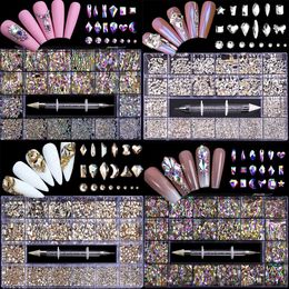 2500pcs Luxury Shiny Diamond Nail Art Rhinestones Crystal Decorations Set AB Glass 1pcs Pick Up Pen In Grids Box 21 Shape 240229