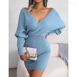 Casual Dresses Winter Cross V-neck Knitted Woman Autumn Robe Sexy Fashion Long Sleeve Green Sweater Dress Women 23849