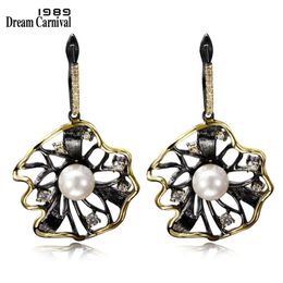 DreamCarnival 1989 Lotus Flower Earrings Hollow Created Pearl CZ Black Gold Colour Hip Hop Pendientes tipo gota Parties Jewelries 2242Q