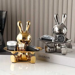 Decorative Objects Figurines Lucky Rabbit Key Storage Tray Ornament Entrance Living Room Home Decoration TV Cabinet Cartoon Statues Animal Sculptures Decor T2405