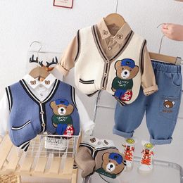 Clothing Sets Boys Clothes Spring Autumn Children Knitted Vest Shirts Jeans 3pcs Tracksuits For Baby Girl Party Suit Denim Pants Outfits