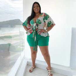 Plus Size Two Piece Sets Women Floral Print Tops Shirts and Short Pants Female Fashion Casual Cloth Summer Matching Sets 240229