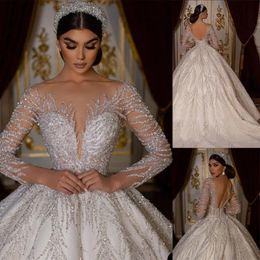 Full Bling Sequins Ball Gown Wedding Dress Sheer Jewel Neck Long Sleeve Bridal Gownsyd