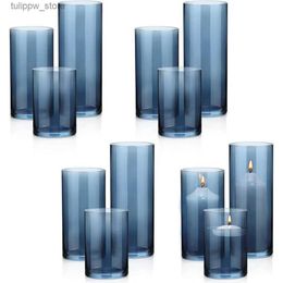 Vases 8 Vase Set of 12 Blue Glass Cylinder Vases 6 Home Decorations 10 in Tall Multi Use Glass Candle Holders Freight Free Room Decor L240309