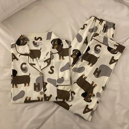 Spring Summer 2024 Cute Womens Pyjamas Set Dachshund Print Cotton Two Pieces Short Sleeve Tops Full Length Pants Sleepwear 3991 240306
