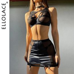 Ellolace Red Lingerie 5Pieces Fancy Underwear Sexy Women Uncensored Transparent Bra Garters Briefs Sets Bandage Sex Outfits 240307