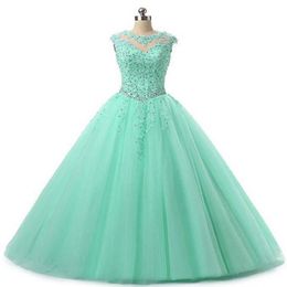 Sweet 16 Quinceanera Pageant Dresses Lace Applique Tulle Ball Gown Prom Dresses Long Vestidos 15 anos Keyhole Back Debutante Masqu253C