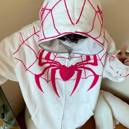 Embroideried Spider Full Zip Up Hoodies Women Men Long Sleeve Loose Jacket Hood Shirt Harajuku Hip Hop Streetwear Y2K Sweatshirt 240227