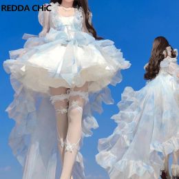 Dress REDDACHiC Women Evening Dress Set Smocked Shawl Train HiLo Lace Up Ruffled Puffy Miniskirt Bloomers Underskirt Lolita Tutu Gown