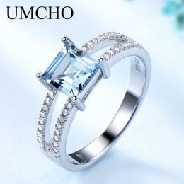 UMCHO Solid 925 Sterling Silver Jewellery Created Nano Sky Blue Topaz Rings For Women Cocktail Ring Wedding Party Fine Jewellery CJ191250D