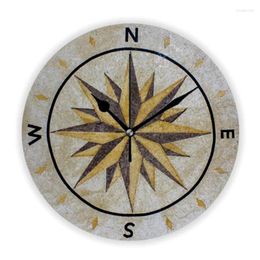 Wall Clocks Grunge Nautical Star Compass On Stone Print Clock Vintage Marine Ocean Ship Directionn Watch Home Decor Gift