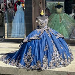 Dark Blue Ruffles Off The Shoulder Ball Gown Quinceanera Dresses With Gold Appliques Lace Corset Vestidos De 15 Anos