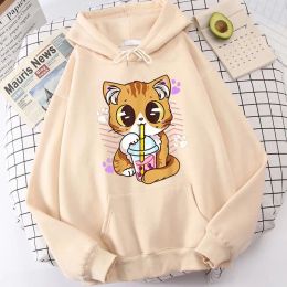 T-Shirt Cute Cat Drinking Milk Tea Kawaii Clothes Tops Harajuku Hoodie Streetwear Funny Cartoon Boba Women Girls Pullovers Sweatshirts