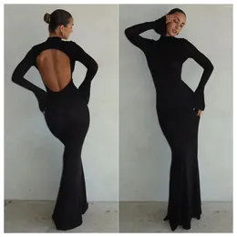 Casual Dresses Women Solid Backless Bodycon Long Sleeve Mock Neck Hipster Maxi Party Fashion Sexy Clubwear Outfits