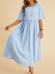 Dress 2023 Summer New Cotton Linen Dress Women's Round Neck Short Sleeve Large Casual Loose Long Solid Color Dress