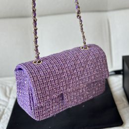 French Ladies Designer Classic Mini Tweed Purple Shoulder Bags With Sequins Shimmer Purse GHW Crossbody Shoulder Handbags Turn Lock Phone Card Holoder Purse 20CM