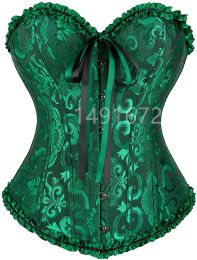 Camis Green Corset Top Bustier Sexy Women's Plus Size Overbust Corselet Blouse Lace Up Floral Gothic Brocade Vintage Fashion Mediaeval