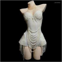 Stage Wear White Pearls Beading Bodysuit Jazz Dance Costume Evening Nightclub Bar Show Prom Birthday Outfit Women Clothes Drop Delive Dhfco