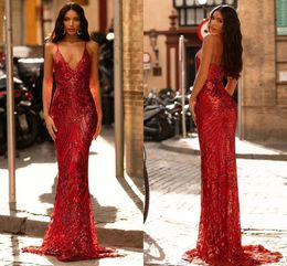 Red Sexy Dark Evening Formal Dress 2024 V-neck Straps Backless Sequins Mermaid Long Prom Party Gowns Robe De Soiree YD