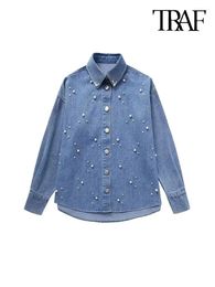 Women's Blouses TRAF Women Fashion With Faux Pearls Denim Shirts Vintage Long Sleeve Button-up Female Chic Tops