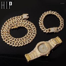 Necklace Watch Bracelet 3pcs kit Hip Hop Miami Curb Cuban Chain Gold Full Iced Out Paved Rhinestones CZ Bling For Men Jewelry1287I