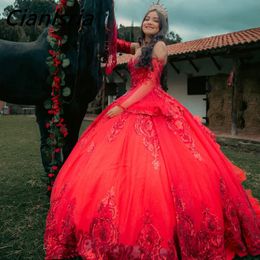 Red Sweetheart Detachable Sleeve Ball Gown Quinceanera Dresses Sequined Appliques Lace Corset Vestidos De 15 Anos