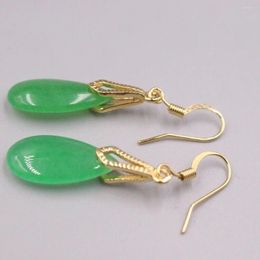 Dangle Earrings 18K Yellow GP With Dark-Green Pear Jade 1.49inch L