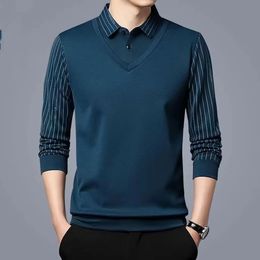 Business Casual Thin Slim Men Polo Shirt Spring Autumn Button Lapel Striped Long Sleeve Fashion Korean Clothing Tops 240307