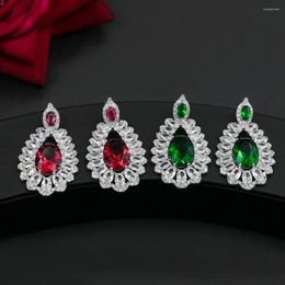 Stud Earrings Designer Red Cz Zircon Women Big Flower Drop Long Hanging Silver Colour Jewellery for Wedding Dress Accessories