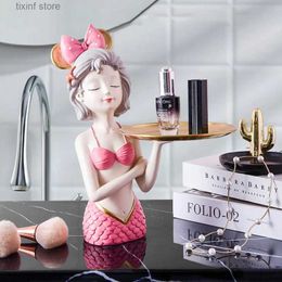 Decorative Objects Figurines Mermaid Statue Housekeeper with Storage Table Resin Decoration Tray Mermaid Girl Decorative Sculpture Craft Gifts Home Decor T24030