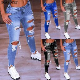 Women Ripped Hole Jeans 2023 Spring Low Waist Stretch Trouser Slim Hip Lift Elastic Pants Casual Ladies Sexy Denim Pencil 240229