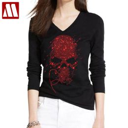 T-Shirts Hot Drill Devil Tshirt For Woman Europe Design Cotton Skull T Shirts Women's New Arrival Summer Style Long Sleeve Demon Tshirt