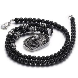 Punk Black Glass Bead Link Chain Lion Pendant Necklace Men Women Black Rhinestones Gold Silver 316L Stainless Steel Animal Sweater2431