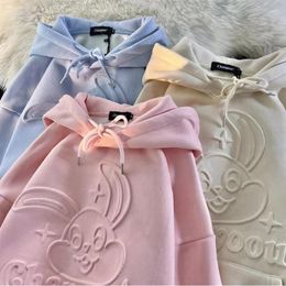 Women's Hoodies American Cartoon Embossed Stamp Cute Teens Sky Blue Warm Winter Sweatshirt Oversized Loose Korean Harajuku Y2K Top