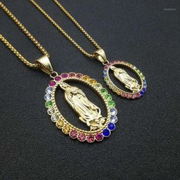 Stainless Steel Rainbow Rhinestone Virgin Mary Mama Pendant Necklace Religious Mary Christ Virgin Necklaces Gift For Him1334n