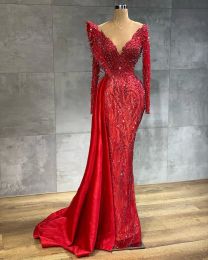 Ebi aso arabic vermelho luxuoso sereia noturno de renda de miçangas vestidos de baile de renda de pescoço