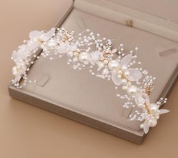Pearls Gold Leaves Wedding Bridal Handmade Rhinestone Hairband Headband Luxury Hair Accessories Headpiece Fascinators 12 inches Lo6515962