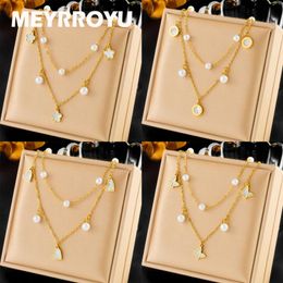 Pendant Necklaces MEYRROYU 316L Stainless Steel Double Layer Imitation Pearl Beaded Heart Butterfly Flower Necklace For Women Party Gather