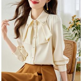 Women's Blouses QOERLIN Pleated Turn-Down Collar Long Sleeve Single-Breasted Loose Elegant Fashion Apricot Blouse Casual Button Up Shirts