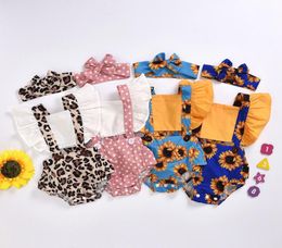 Baby Girls Ruffle Flying Sleeve Romper Cartoon Infant Floral Dot Leopard Jumpsuits Headbands Set Summer Fashion Kids Climbing Clot2188069