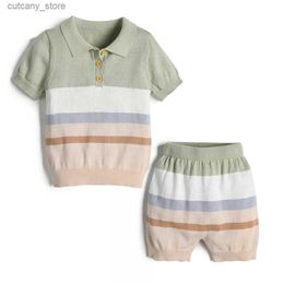 T-shirts 2024 Clibeso Newborn Boys Knitted Clothes Outfit Set 2 Pcs Kids Stripes Print Polo Shirt + Knit Pants Children Tops and Bottoms L240311